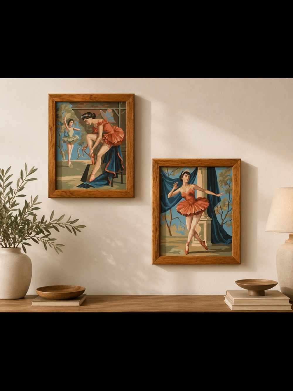 VTG1950s Craft Master Ballerina Paint by Number Pair Framed Wall Art (23x18.5”)